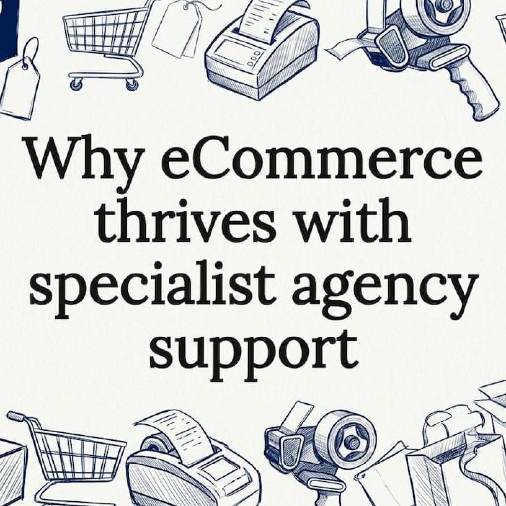 Hand-drawn eCommerce props framing article title card