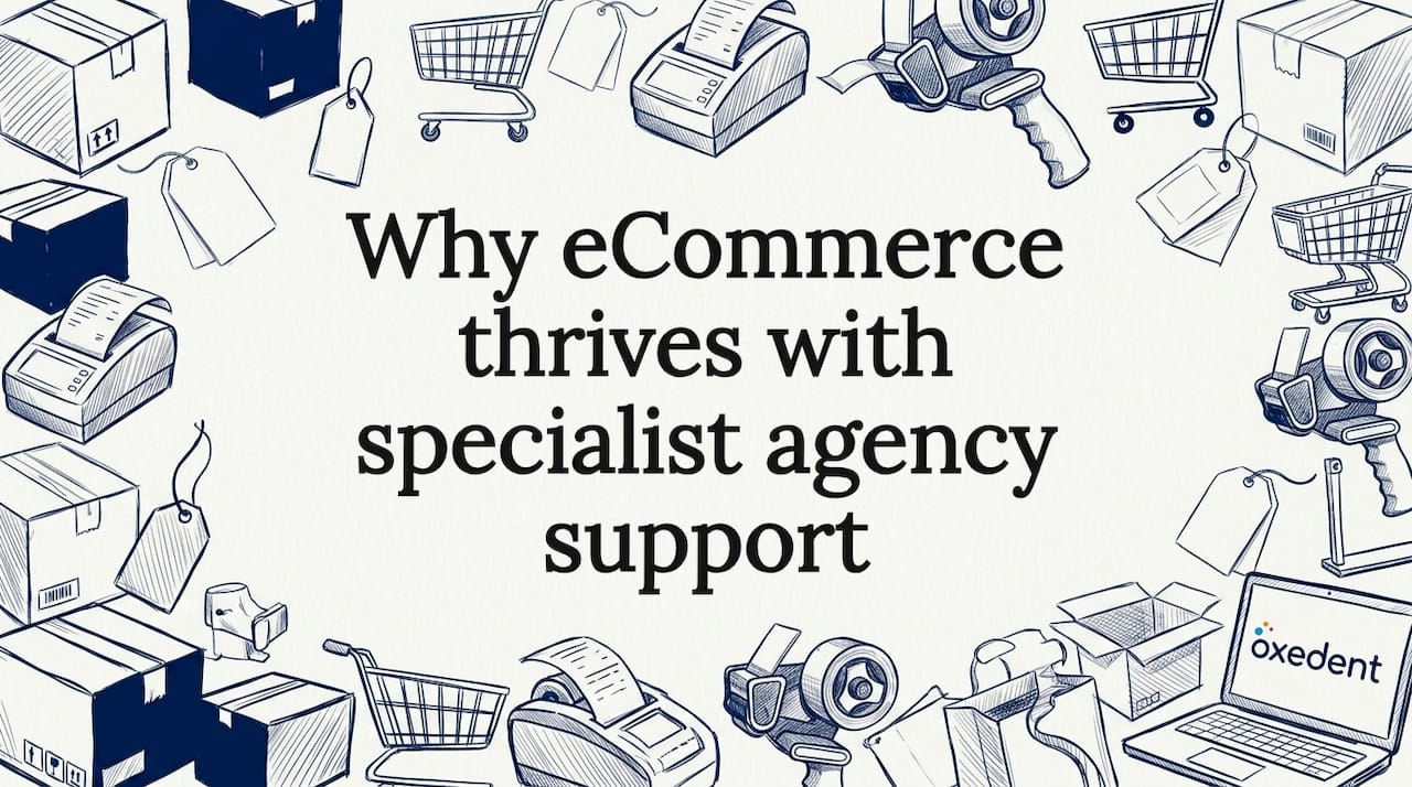 Hand-drawn eCommerce props framing article title card