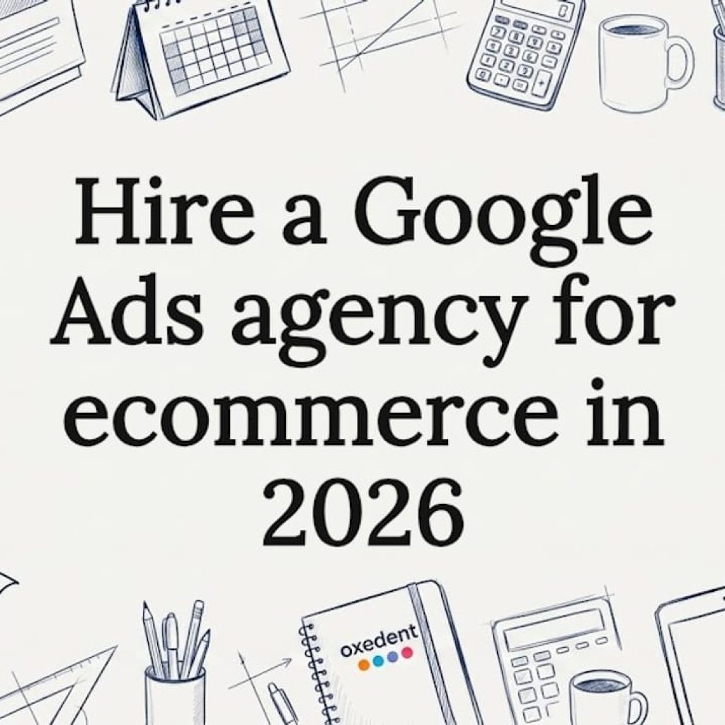 Decorative title card illustration with ecommerce and ads icons