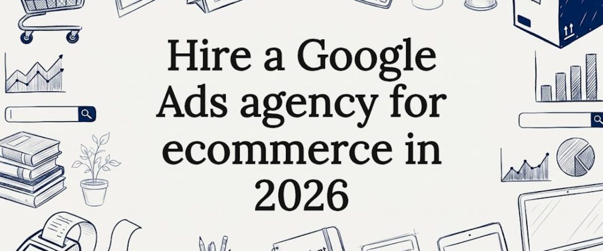 Decorative title card illustration with ecommerce and ads icons