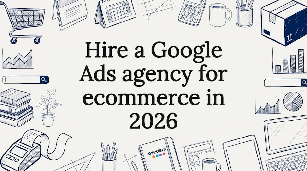 Decorative title card illustration with ecommerce and ads icons