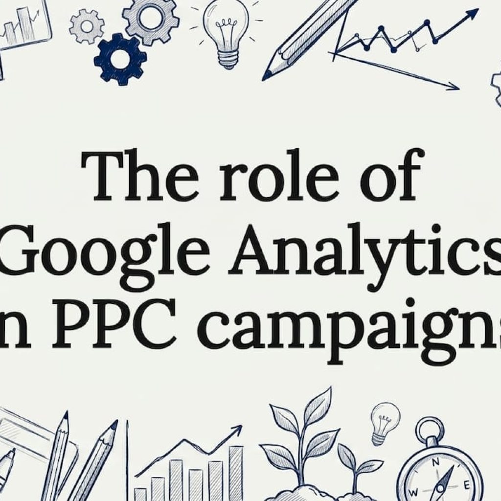 Decorative title card illustration with marketing and analytics icons