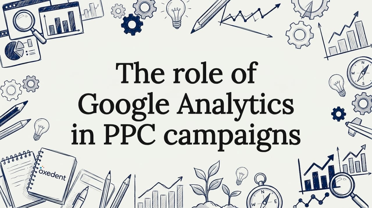 Decorative title card illustration with marketing and analytics icons