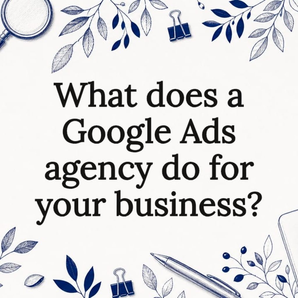 Decorative title card illustration with marketing tools and foliage