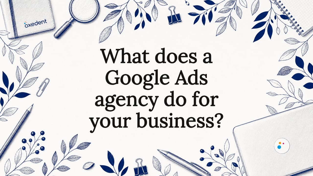 Decorative title card illustration with marketing tools and foliage