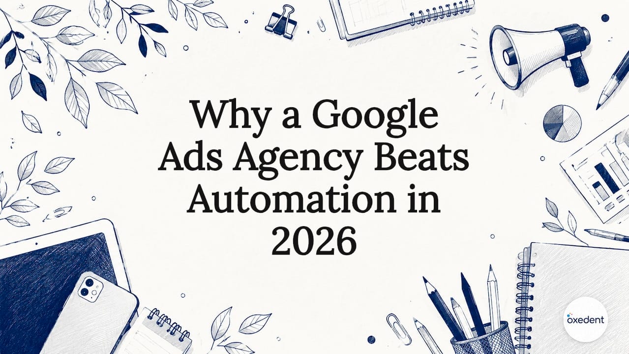 Decorative title card illustration with marketing and office tools
