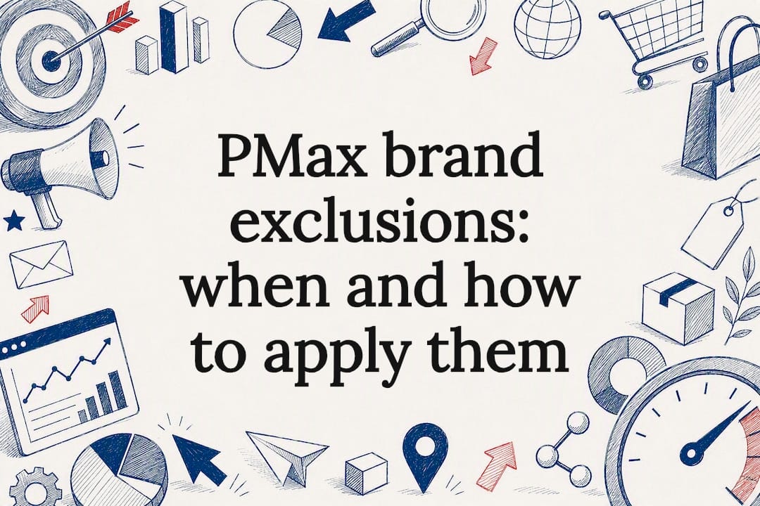Decorative title card illustration with ecommerce marketing icons